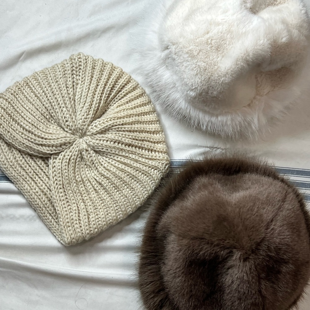 Elegant Cream and Brown Knit and Fur Hats